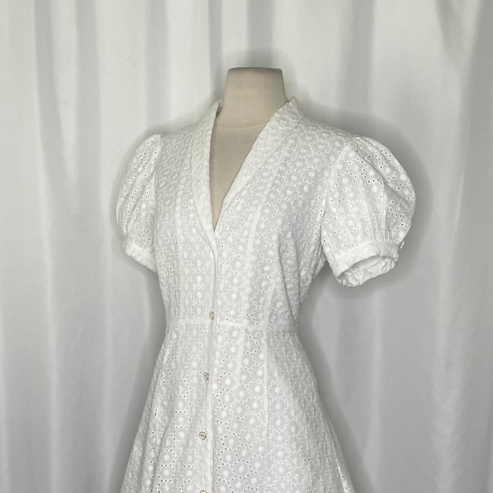 CAROLINE CONSTAS Bel Buttoned Cotton Mini Dress White Eyelet Bridal Shower Small - Picture 9 of 16